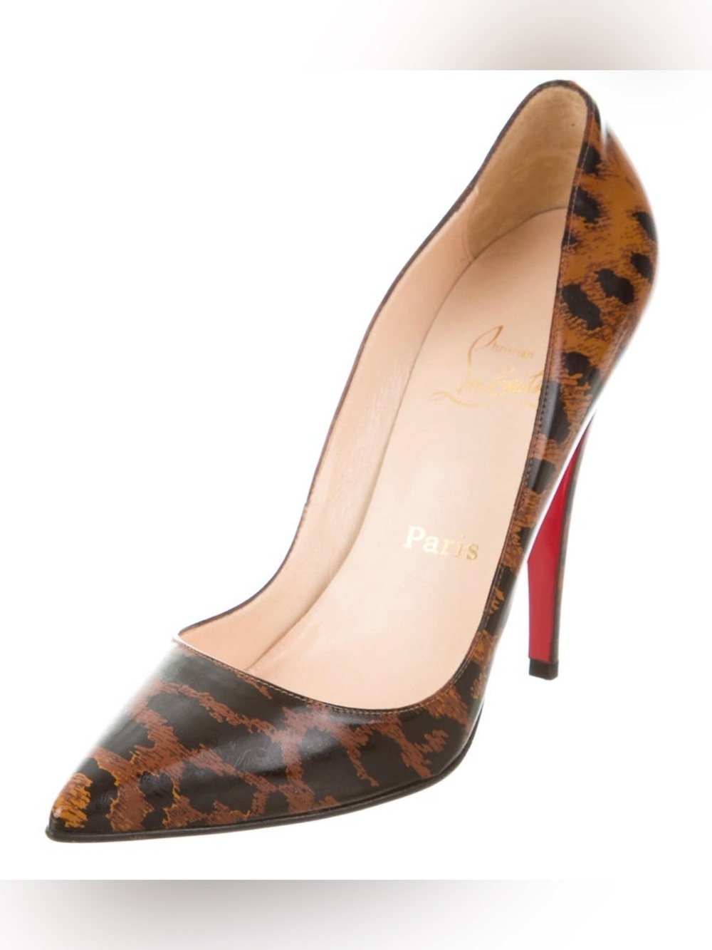 Christian Louboutin Leopard-Print Patent Leather Pointed Pump with Red Sole